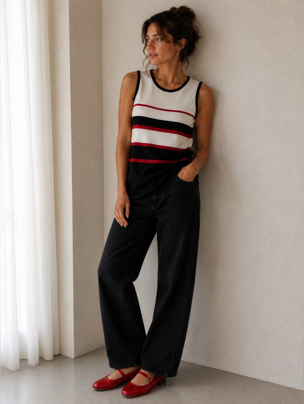 Jones New York Black, White & Red Striped Sleeveless Long Top 100% Cotton
